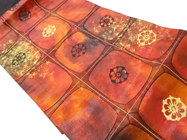 リサイクル　引箔変わり格子に花模様織出し名古屋帯